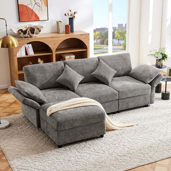 Chenille-Ecksofa mit verstellbaren Armlehnen und Hocker, 3-4 Sitzer, L-förmiges Schlafsofa mit Federkern und Kissen,Grau
