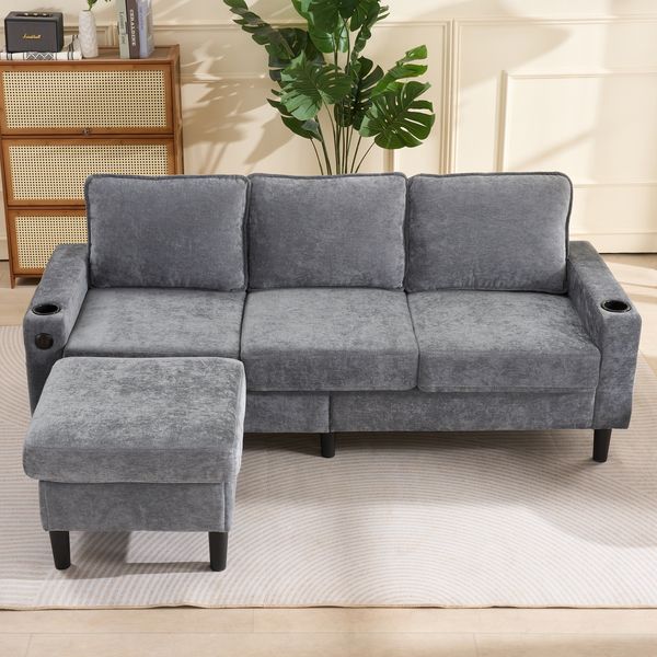 Ecksofa 202x137x80 cm Grau Leinen mit USB, Typ-C, Fußhocker und Getränkehaltern