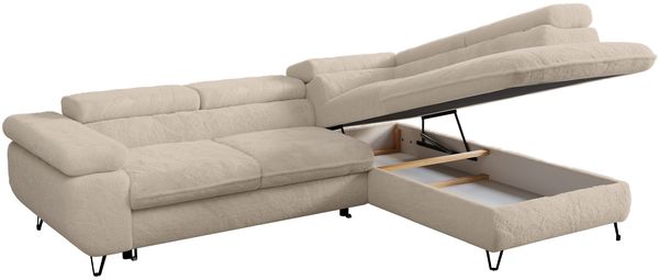 Ecksofa mit Bettfunktion, Modern Sofa, L-form, Einstellbare Kopfstützen, Bettkasten - PETER - Creme Plüsch - Topper T25 - rechts Bild 3