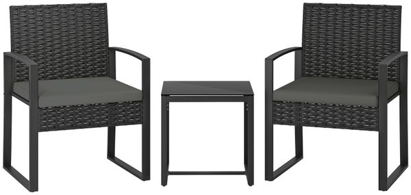 Rattan Bistroset, 3 teiliges Gartenmöbel-Set mit 2 Gartenstühlen, Couchtisch, abnehmbar Kissen Dunkelgrau
