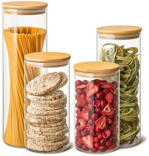 Praknu Vorratsglas Vorratsgläser mit Deckel 4er Set - Luftdicht mit 4 Extra Dichtungen, Borosilikatglas, (Set, 4-tlg), Groß Aufbewahrungsgläser - Luftdichte Vorratsdosen mit Bambusdeckel