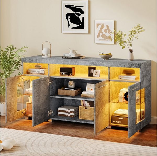 Merax Sideboard Buffetschrank mit LED-Beleuchtung (1 St), Kommode mit 3 Fächern, Glastüren und 6 Ablagen, Anrichte 140x40x70cm