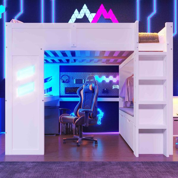 Hochbett, 140x200cmGaming, Bett mit Schreibtisch, Mit LED-Leuchten, 1 USB-Anschlüssen, 1 Typ-C ausgestattet, Leiter, Schreibtisch,Schublade, Wäscheständer, Ohne Matratze, Weiß