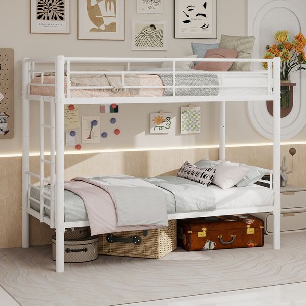Metall-Etagenbett, Größe 90*190 cm, geeignet für Kinder, Jungen und Mädchen, mit Leiter und Geländer. Robuste Metallkonstruktion, umwandelbar in 2 Einzelbetten, keine Boxspring erforderlich.