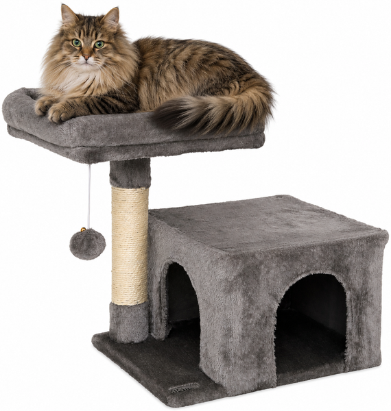 lionto Kratzbaum 50 cm, platzsparender Katzenkratzbaum mit Plüschbezug, Spielball & Sisalstange, für Kitten & Jungtiere, dunkelgrau