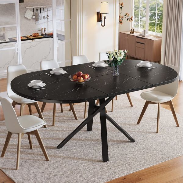 Flieks Esstisch ausziehbarer Küchentisch rund/oval (Länge 100-140x100x75,5 cm, 1-St, mit verstellbaren Füßen), erweiterbarer Tisch in Marmoroptik Schreibtisch Schwarz, Metallgestell
