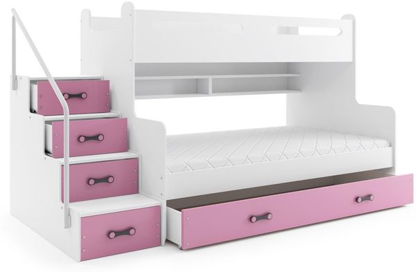 BMS Etagenbett für Kinder MAX 3 Weiß Rosa mit 2 Matratzen