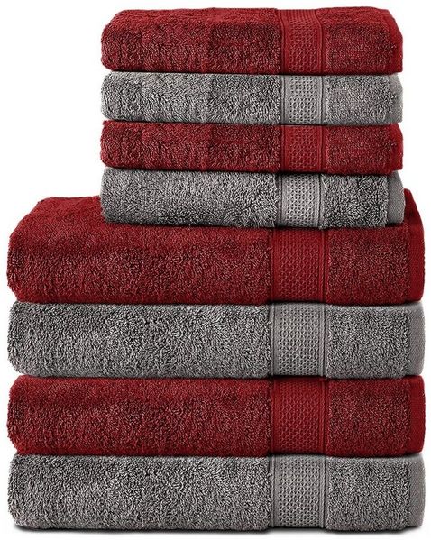 Komfortec 8er Handtuch Set aus 100% Baumwolle, 4 Badetücher 70x140 und 4 Handtücher 50x100 cm, Frottee, Weich, Towel Groß, Anthrazit Grau/Aurorarot