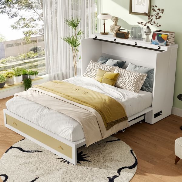 Schrankbett 140 x 200 cm, B 147,5 x T 206 x H 102 cm, umbaubar, mit Schublade, Regal, USB und Steckdose