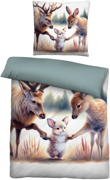 biberna Feinbiber Bettwäsche 0346609 WALDTIERE, natur, 1x 155x220 cm + 1x 80x80 cm