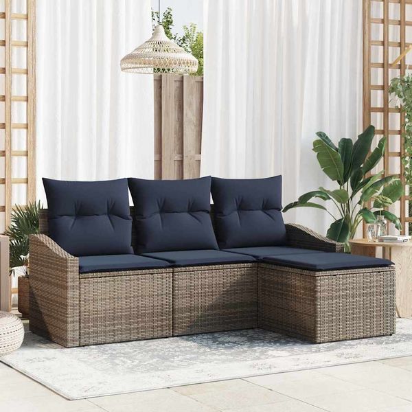 vidaXL Sofa Set mit Kissen 4 pcs Grau und Marineblau Poly-Rattan 3355344