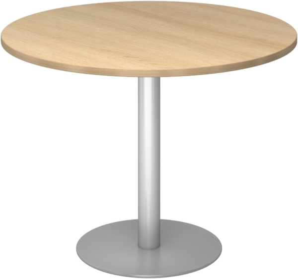 bümö Besprechungstisch, Esstisch klein, Tisch rund 100 cm - kleiner Esstisch Eiche, Rundtisch Esstisch 2 Personen mit Holz-Platte, Säule aus Metall in silber, Konferenztisch, Bistrotisch, STF10-E-S