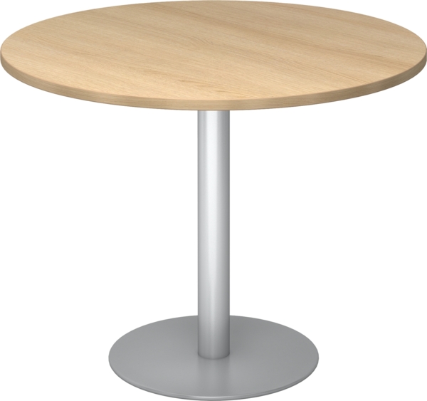 bümö Besprechungstisch, Esstisch klein, Tisch rund 100 cm - kleiner Esstisch Eiche, Rundtisch Esstisch 2 Personen mit Holz-Platte, Säule aus Metall in silber, Konferenztisch, Bistrotisch, STF10-E-S