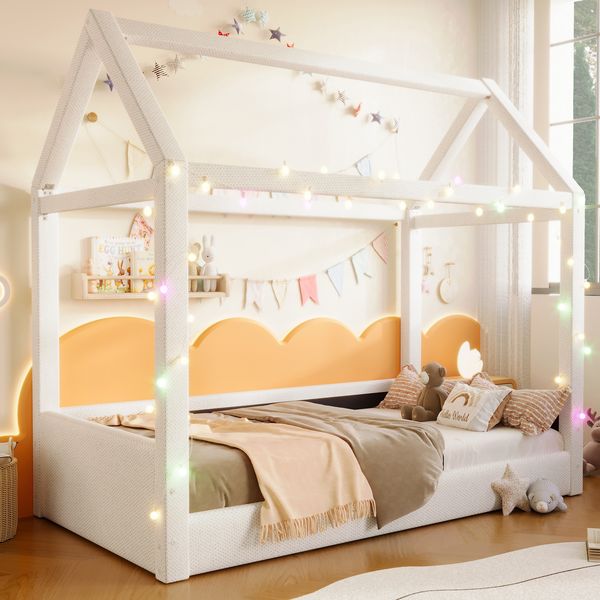 Tagesbett Haus Design 90x200 mit LED-Beleuchtung in 4 Farben, Massivholz Rahmen, Leinen Bezug, Tragkraft 120 kg, beige