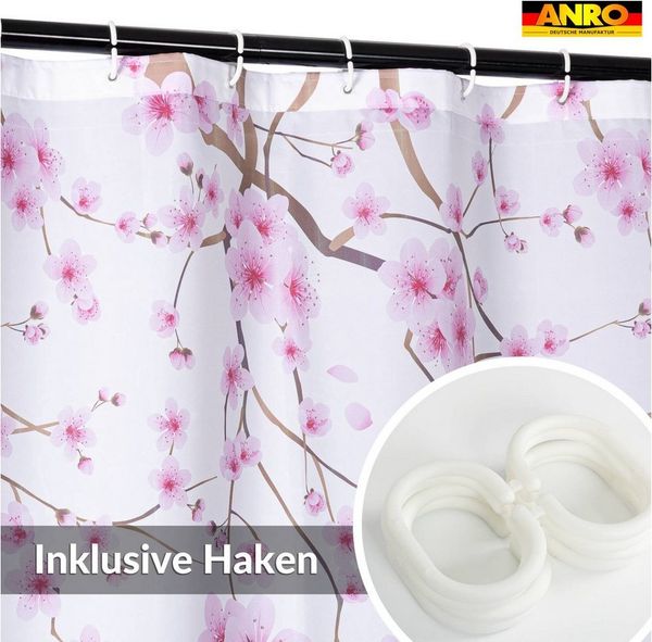 ANRO Duschvorhang FASTY Sakura Anti-Schimmel Polyester Badezimmervorhang Bad-Stoff Breite 120 cm (Packung, 1-tlg, Duschvorhang inkl. Aufhängeringe), robuster Vorhang Stangenaufhängung 120x200cm Japanisches Floral Rosa