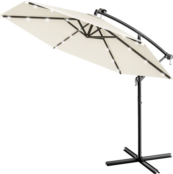 Kingsleeve Sonnenschirm 300 cm LED Beleuchtet UV Schutz 80+ Schutzhülle Kurbel Ampelschirm Creme