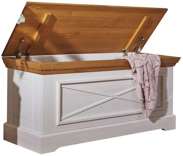 Woodroom Truhe Oslo (Maße: 109 × 50 × 42 cm), massive Kiefer weiß gewachst, mit Klappe