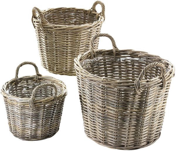 Kobolo Pflanzkübel Korb rund Rattan grau mit Folie - Henkel 3-teilig (3 Stück)