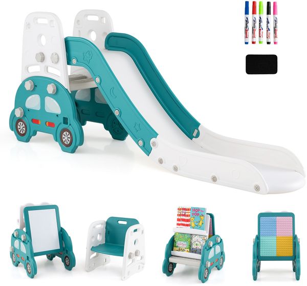 5 in 1 Wandelbare Kinderrutsche als Hocker & Bücherregal Beidseitiges Whiteboard & Bauplatte