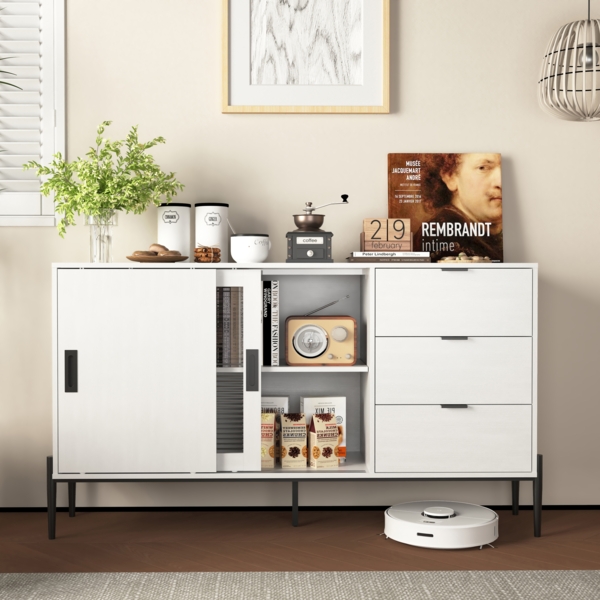 Sideboard, modernes Sideboard mit Glasschiebetür und 3 Schubladen, Küchen- und Flurmöbel, MDF+Glas, Weiß