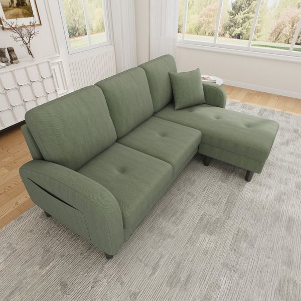 Merax Ecksofa L-förmiges Sofa mit Bettfunktion, Modulares Sofa aus Cordstoff, 1 Teile, 3-Sitzer Sofa mit Chaiselongue, Kissen & Kunststoffbeine, 166x118x77cm