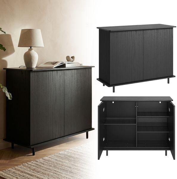 skølm 'Grani' Kommode schwarz, mit 2 Push-to-Open Türen und 5 Fächern, Sideboard mit Metallfüßen, 85x42x105 cm