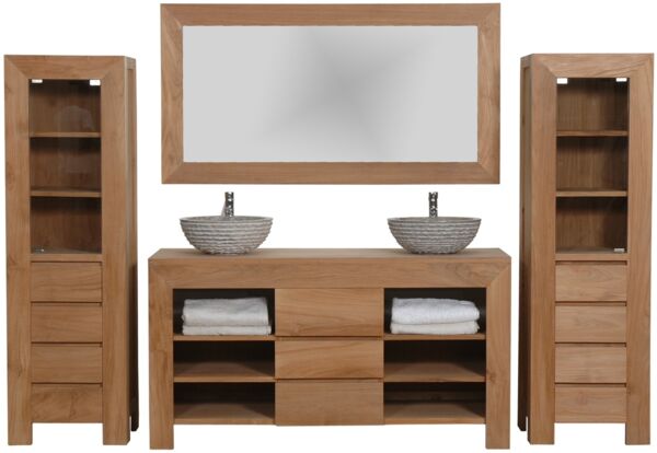 crownseller Badmöbel Set Pajala Teak Massivholz - Breite vom Unterschrank: 180 cm - Breite vom Spiegel: 180 cm - Anzahl Hochschränke: 3 Hochschränke