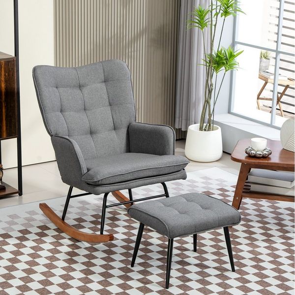 HOMCOM Schaukelsessel mit Hocker, Relaxsessel mit Leinenoptik (Armlehnsessel, 2-St, Schwingsessel), für Wohnzimmer, Schlafzimmer, Schwarz+Dunkelgrau