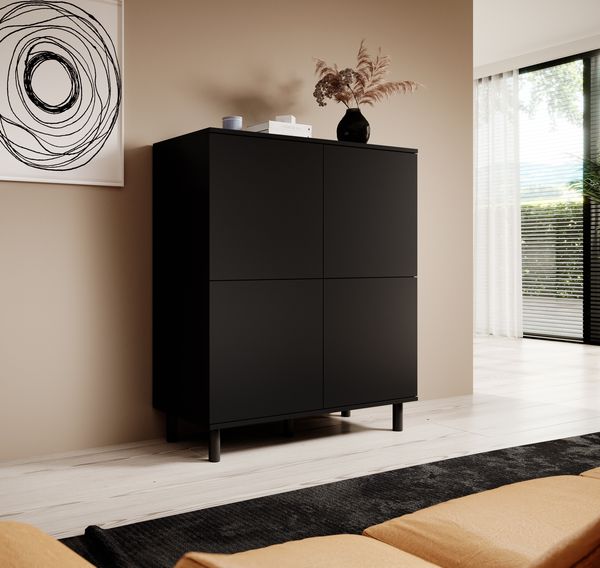 Kommode 4-Türig, Aufbewahrungsschrank, Sideboard, 100 cm, Schwarz, Loft-Design, Masimo, 112 x 40 x 100 cm