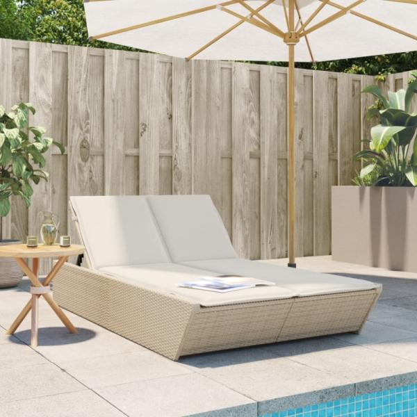 vidaXL Doppel-Sonnenliege mit Auflagen Beige Poly Rattan 368183