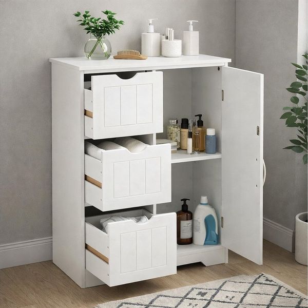 DUMOS Badkommode Badezimmerkommode mit 3 Schubladen (Badezimmerschrank), Schrank mit verstellbarem Regalbrett und 3 Schubladen