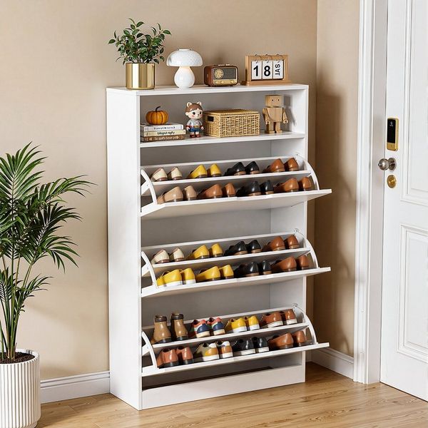 oyajia Schuhschrank Schuhregal mit 3 Klappen und offenes Fach (Trennwand verstellbar, für 15-18 Paar Schuhe) Flur, Diele, Wohnzimmer, Schlafzimmer, 60 x 138 x 24 cm (B x H x T)