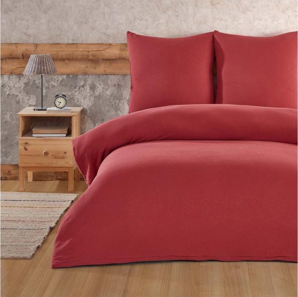 Buymax Bettwäsche Luxury, Musselin 100% Baumwolle, 3 teilig, 200x200 cm, Bettbezug Set, Uni einfarbig, mit Reißverschluss, Rot