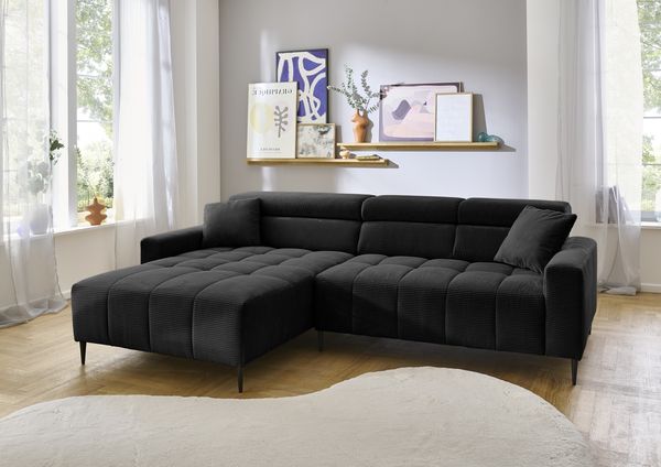 Wohnlandschaft >Stanislaw< elektr. Sitztiefenverstellung, Cord schwarz - 256x100x180cm (BxHxT)