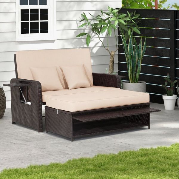 COSTWAY Loungebett, Rattan, 2-Personen, 3 in 1, mit verstellbarer Rückenlehne