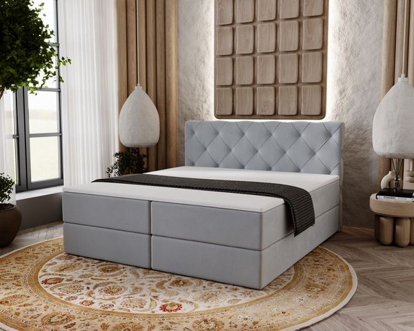 GRAINGOLD Napoli Doppelbett 200x200, Boxspringbett mit hohem Kopfteil und zwei Bettkästen, Velvet-Stoff, Hellgrau
