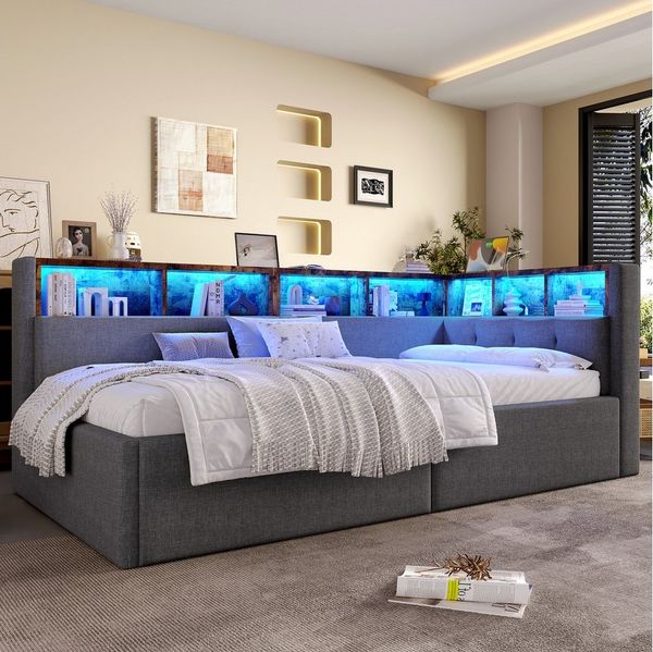Merax Daybett 90x200cm mit hydraulischem Bettkasten, Kopfteil- & Seitenfächern (Jugendbett Sofabett, 1 tlg), Leinen Polsterbett Schlafsofa Tagesbett mit LED,USB- & Typ-C-Anschluss