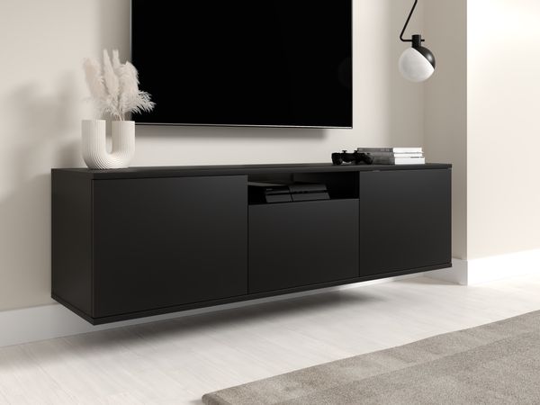 TV-Schrank 150 cm hängend, Fernsehtisch, Lowboard, Mattschwarz, Modernes Design, Masimo, 42 x 40 x 150 cm