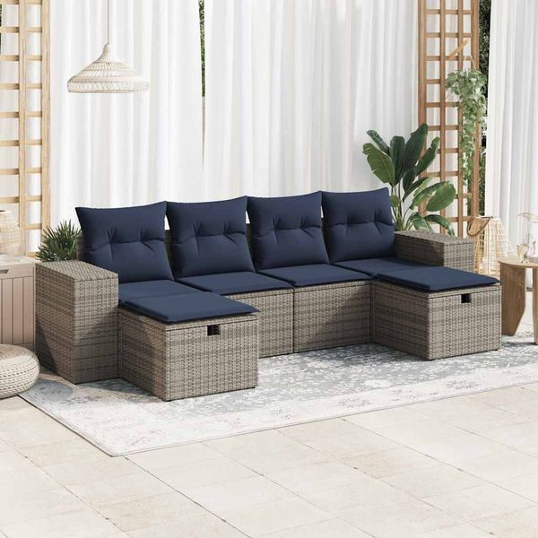 vidaXL 6-tlg. Garten-Sofagarnitur mit Kissen Grau Poly Rattan 3325727