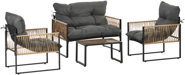 4 tlg Rattan Gartenmöbel Set mit Kissen, Gartensitzgruppe, 1 Couchtisch aus Glas, 2 Sessel, 1 Doppelsofa, elegante Sitzgarnitur