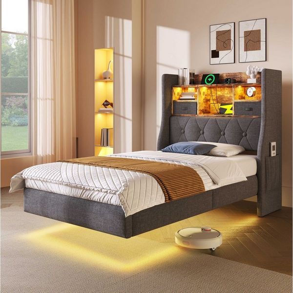 BlingBin Polsterbett Schwebebett (1-tlg, mit LED-Beleuchtung, Kopfteil-Stauraum, USB- & Type-C-Ladestation), 90x200 cm, 15 cm Bodenfreiheit, bis 150 kg belastbar
