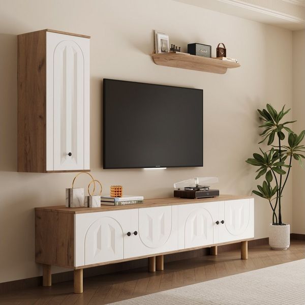 Merax Wohnwand Larona Set 3 Teilig, in Weiß & Naturholz, (3-St, TV-Schrank, Vitrine & Wandboard), 3-teilige Wohnwand mit Geschnitzte Türen, Massivholzbeine & Stauraum