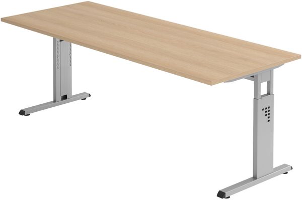 bümö höhenverstellbarer Schreibtisch O-Serie 200x80 cm in Eiche, Gestell in Silber - großer PC Tisch für's Büro manuell höhenverstellbar, Computertisch verstellbar, OS-20-E-S