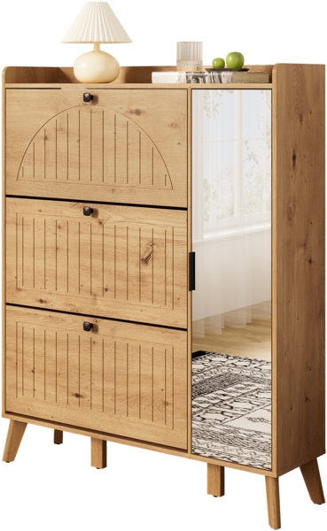 Schuhschrank, mit Spiegel Klapptüren 3 Klappfächer Ablage platzsparender Flurschrank für Eingangsbereich, Holzwerkstoff Glas, —, 110 x 24 x 137,5 cm