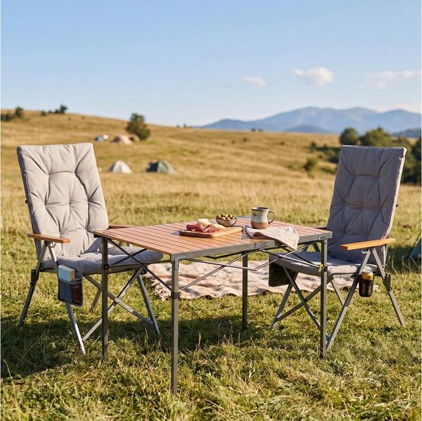 HOMECALL Campingstuhl Klapptisch-Set mit 2 Stühlen Hochlehner Luxus Klappstuhl Campingtisch (gartenstuhl klappbar für 4-6 Personen), mit 4,5cm Dicke Gepolstert