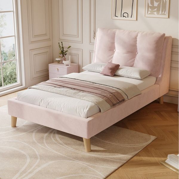 Flieks Polsterbett, Einzelbett Kinderbett 90x200cm mit Lattenrost & gepolstertem Kopfteil