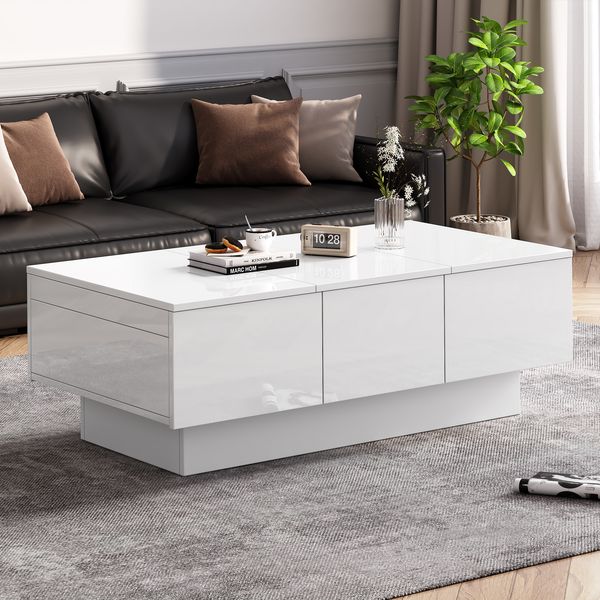Couchtisch 100 × 55 × 35 cm Weiß mit verschiebbarer Tischplatte, 2 Schubladen, 2 versteckte Staufächer