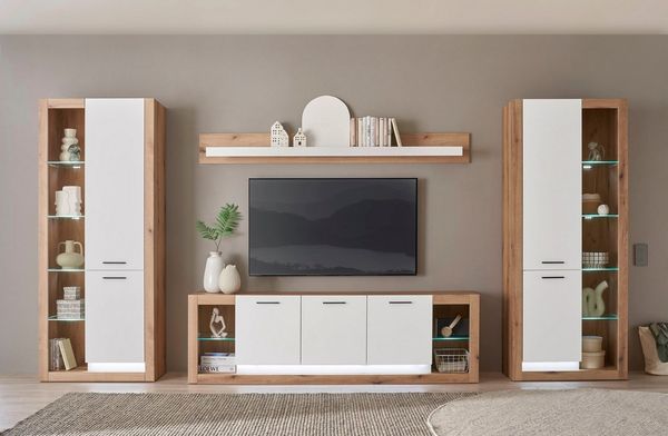 INOSIGN Wohnwand Brixen, moderne Anbauwand, Wohnzimmer-Set, Eiche Evoke Dekor mit Weiß, (Set, 4-St), enthält Stauraumelemente, Lowboard und Wandboard
