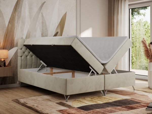Boxspringbett mit Kopfteil und Topper, Polsterbett - GRIMALDI - 140 x 200 cm - Beige Velvet - H3 Bild 2