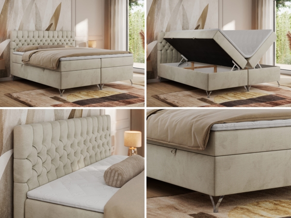 Boxspringbett mit Kopfteil und Topper, Polsterbett - GRIMALDI - 140 x 200 cm - Beige Velvet - H3 Bild 3